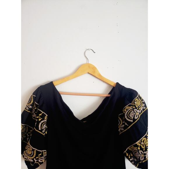 Free People Rock With It Puff Sleeve Embroidered Top Black Size Medium - Picture 2 of 10